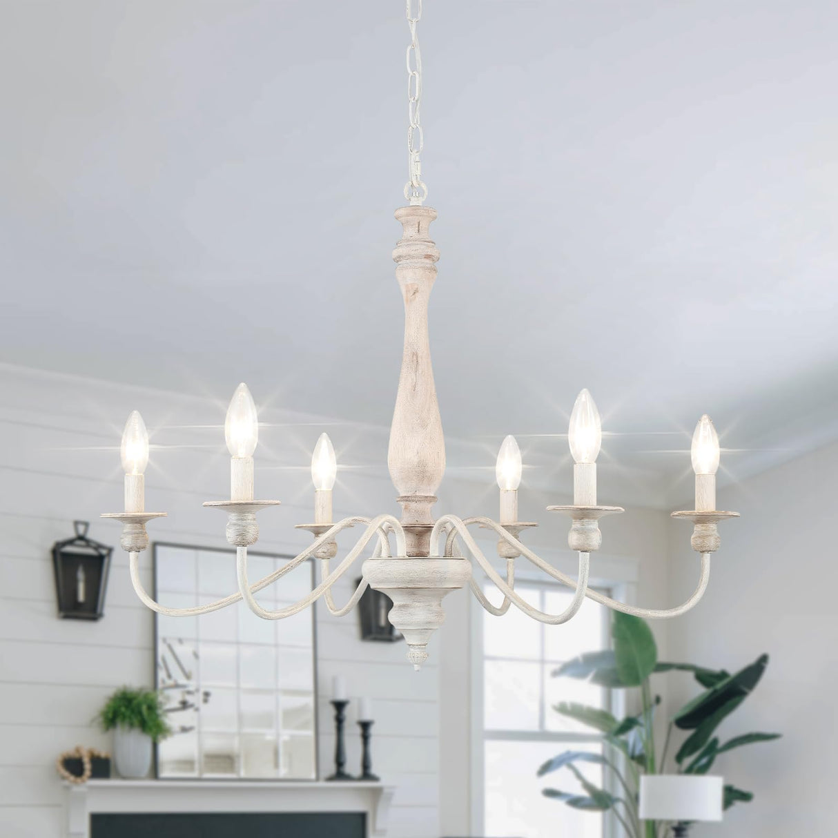 Farmhouse Chandeliers for Dining Room 6 Lights, Distressed White Wood French Country Chandelier, Rustic Chandeliers Farmhouse for Bedroom Living Room Foyer BYKWRTV