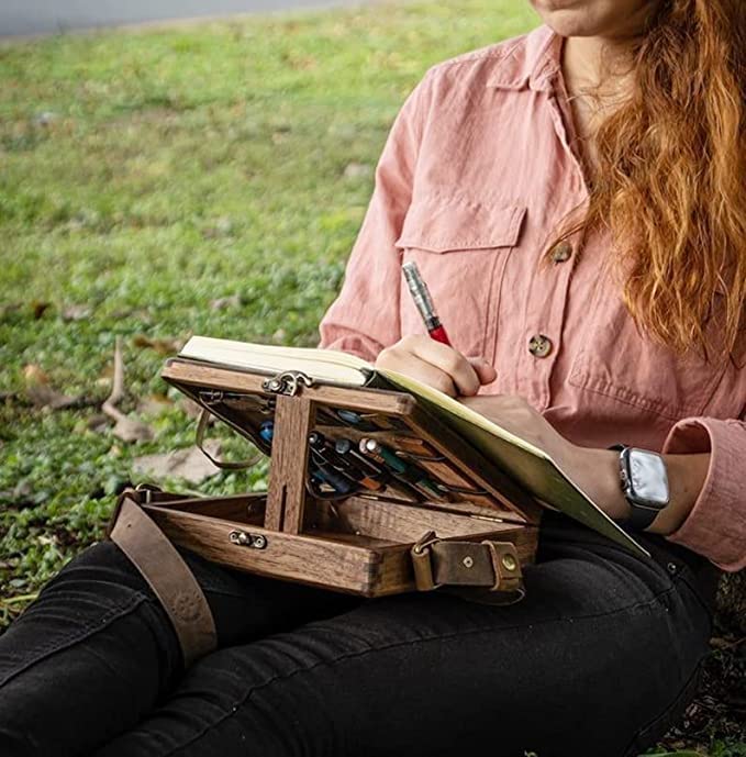 Writers Messenger Wood Box, Multifunctional Wooden Handmade Crossbody Postman Bag Portable Artist Tool Bag Painting Brush Tool Storage Sketch Box Bomeiqee