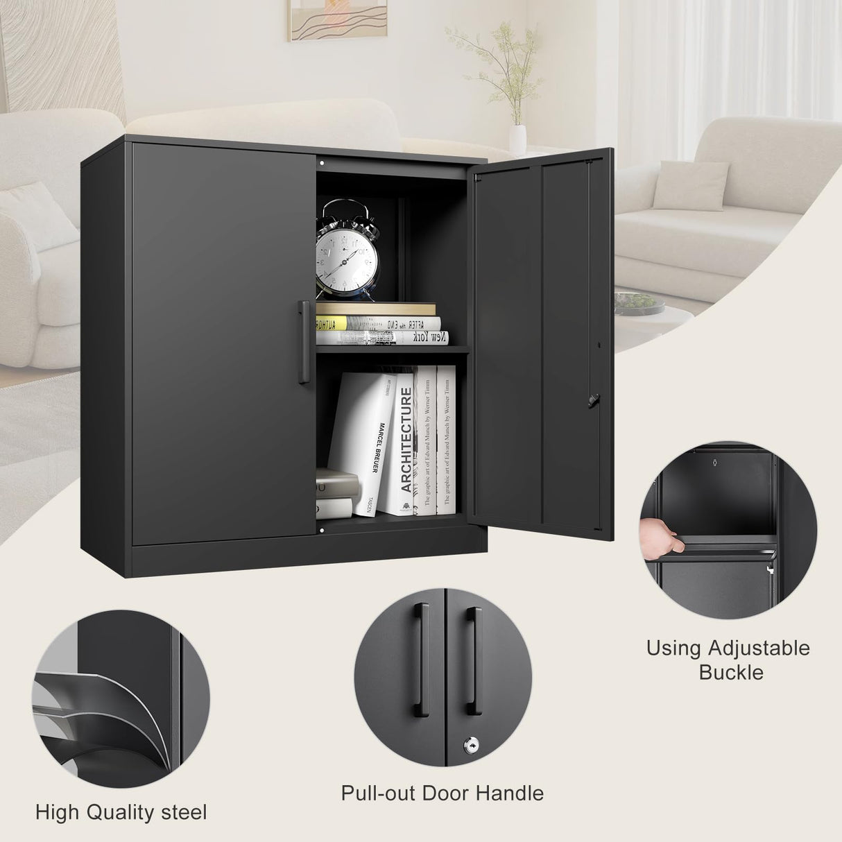 IRONFFICE Metal Wall Cabinet,Black Garage Wall Cabinet with 2 Doors,Hanging Storage Cabinets with Handle,Locking Cabinet with Shelves for Garage,Living Home IRONFFICE