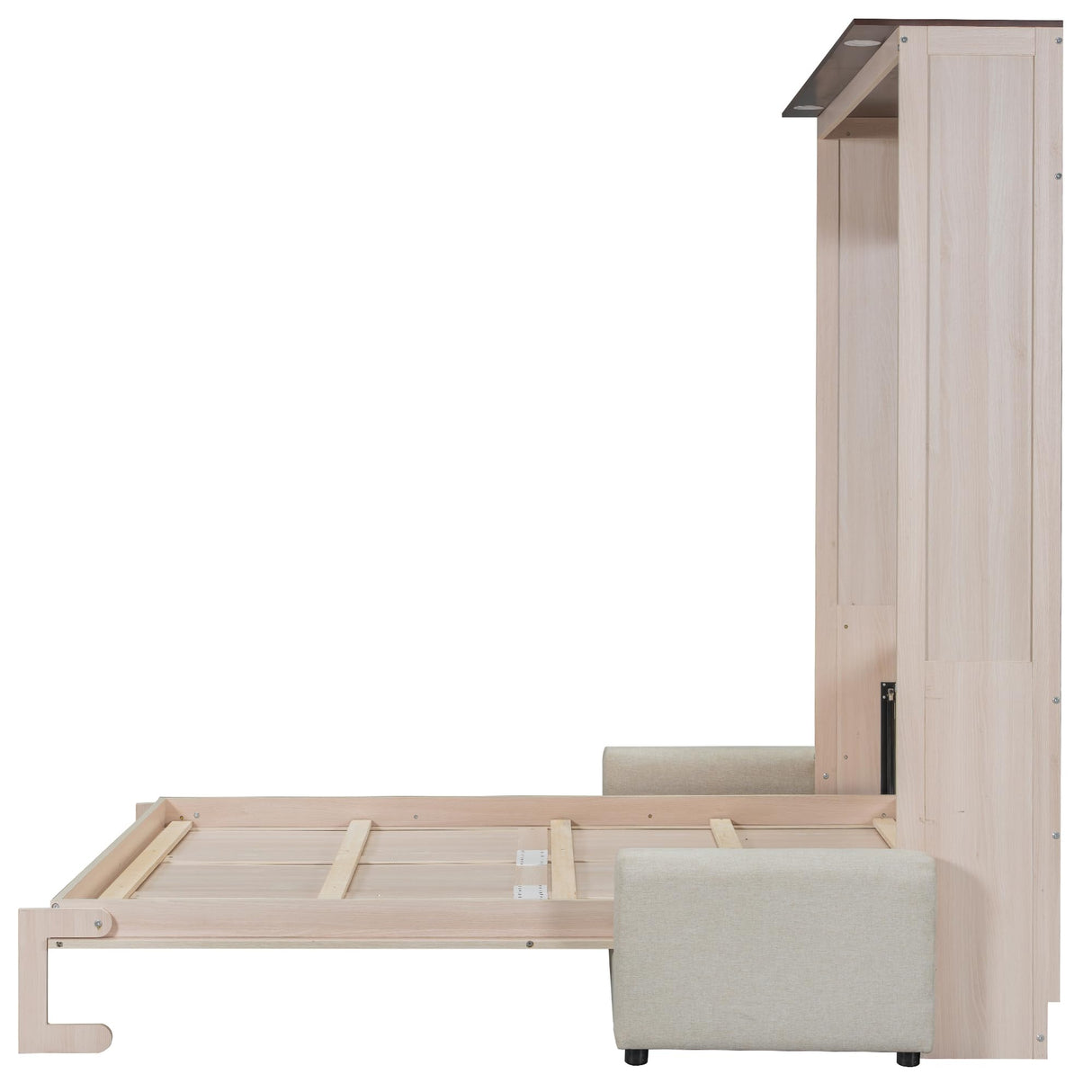 Queen Murphy Bed with Couch and LED Lighting,Solid Wood Folding Murphy Wall Bed Cabinet with Sofa MERITLINE