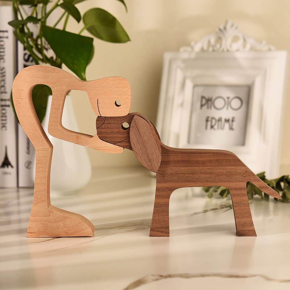 Handmade Wooden Man and Dog Figurine - Home Decor Sculpture, Large 10x6x0.8in, Eco-Friendly Gift ISHINE