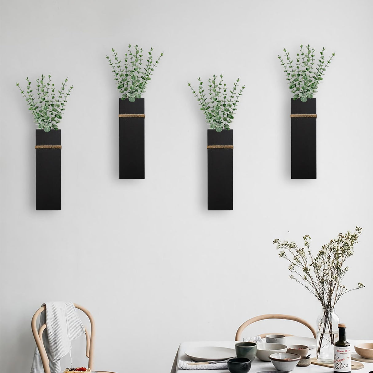 Wall Planters for Indoor Plants - 4 Pack Wood Wall Vases for Dried Flowers & Artificial Plants Modern Farmhouse Wooden Vase for Living Room Bedroom Kitchen Wall Decorations - Black TYLCC