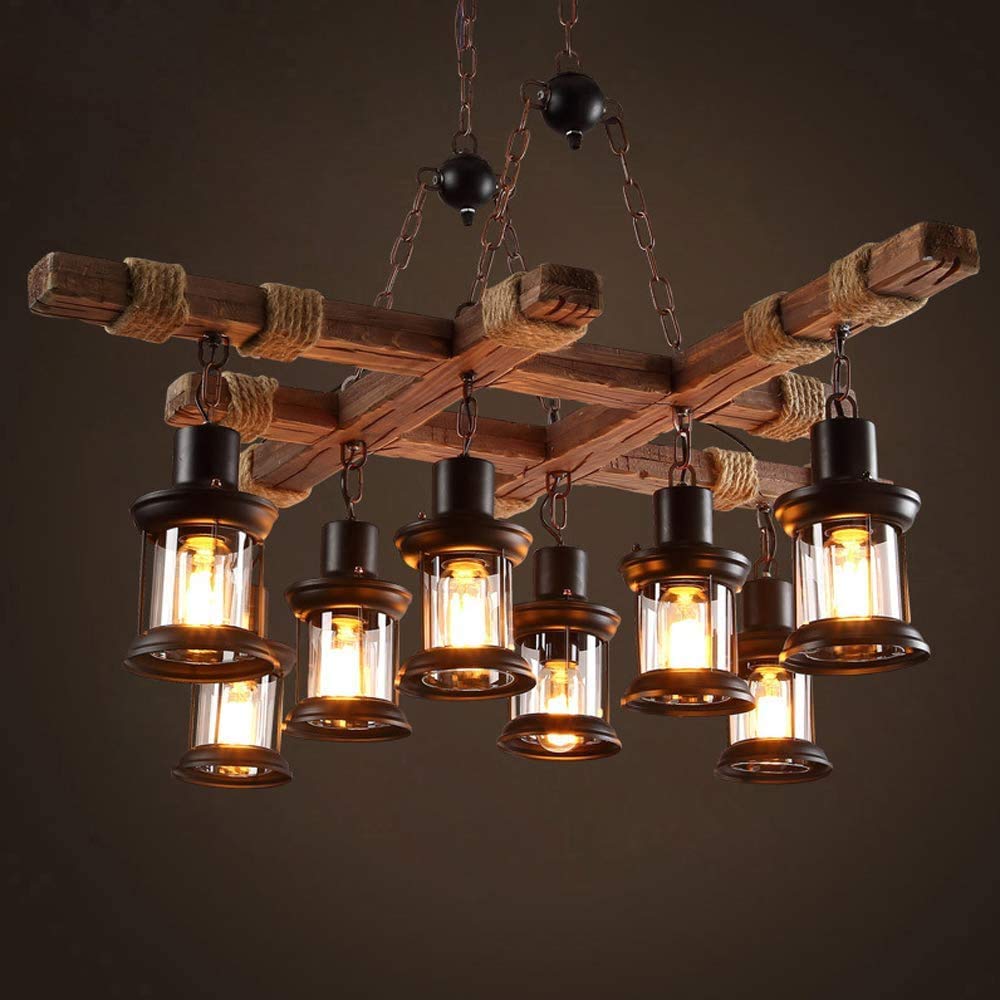 8 Lights Industrial Wooden Hanging Lighting Black Metal Chandelier Farmhouse Vintage Pendant Lamp Glass Lampshade for Pool Table Kitchen Island Bar Retro Ceiling Light Height Adjustable Fixture GHY
