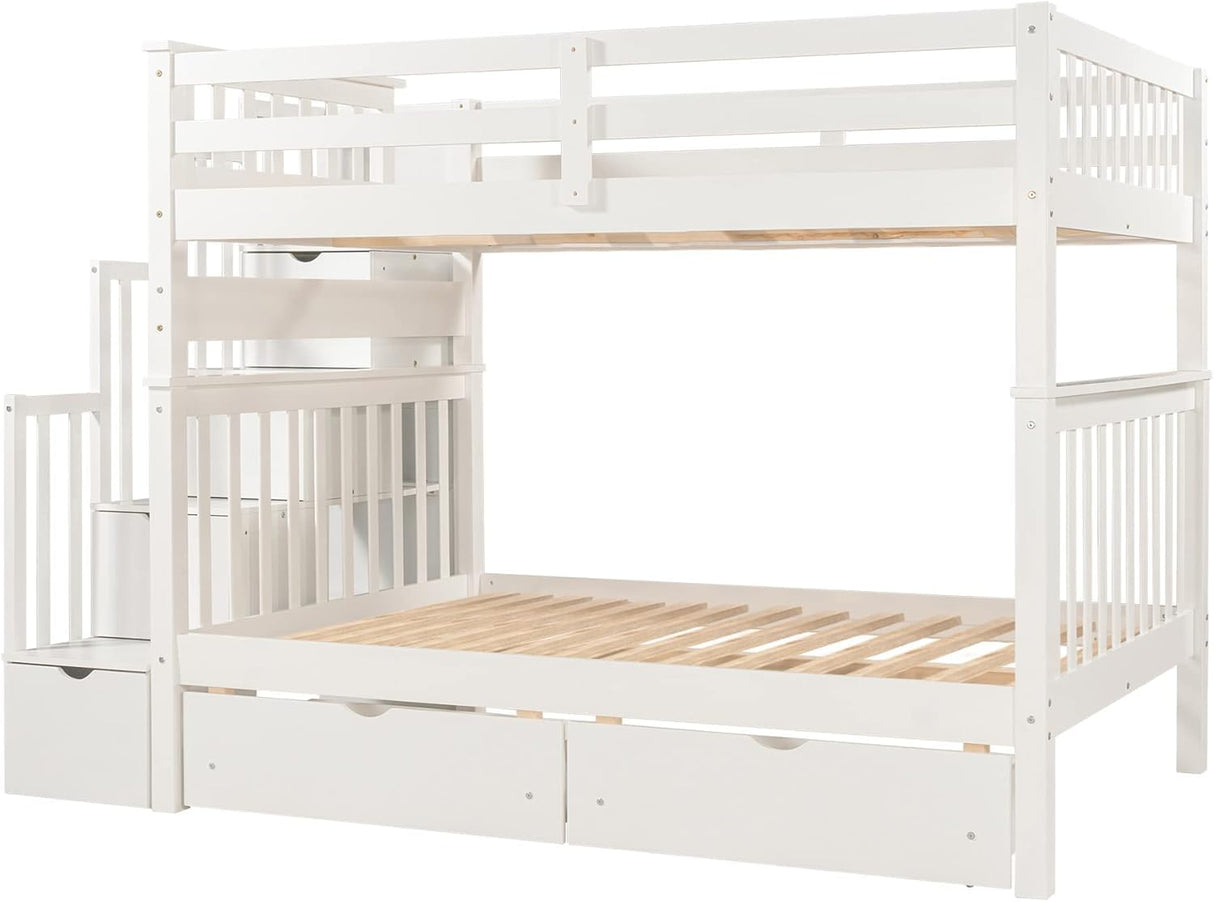 MERITLINE Full Over Full Convertible Bunk Bed with Storage Stairs, Storage Shelves and Drawers,Solid Wood Detachable Bunk Bed with Bookcase and Ladder for Adults,No Box Spring Needed (White) MERITLINE