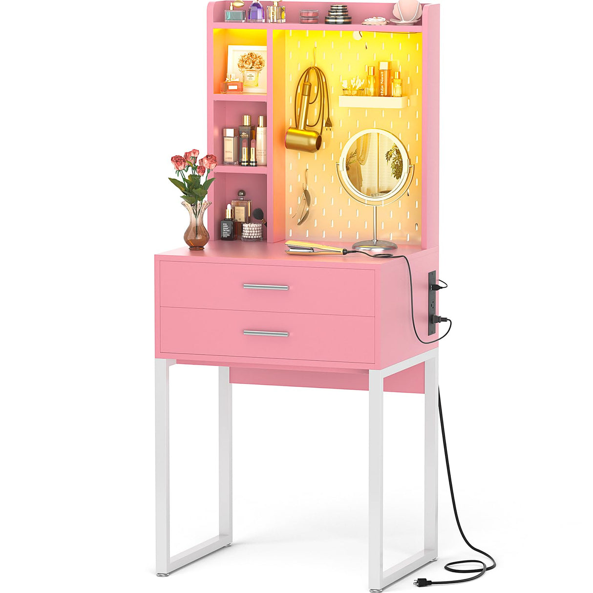 Besiost Small Vanity Desk with Hutch and Drawers, Pink Makeup Vanity Desk with Charging Station, Vanity Table Dressing Table with LED Lights, Vanity Desk No Mirror with Pegboard for Girls Women, 24" Besiost
