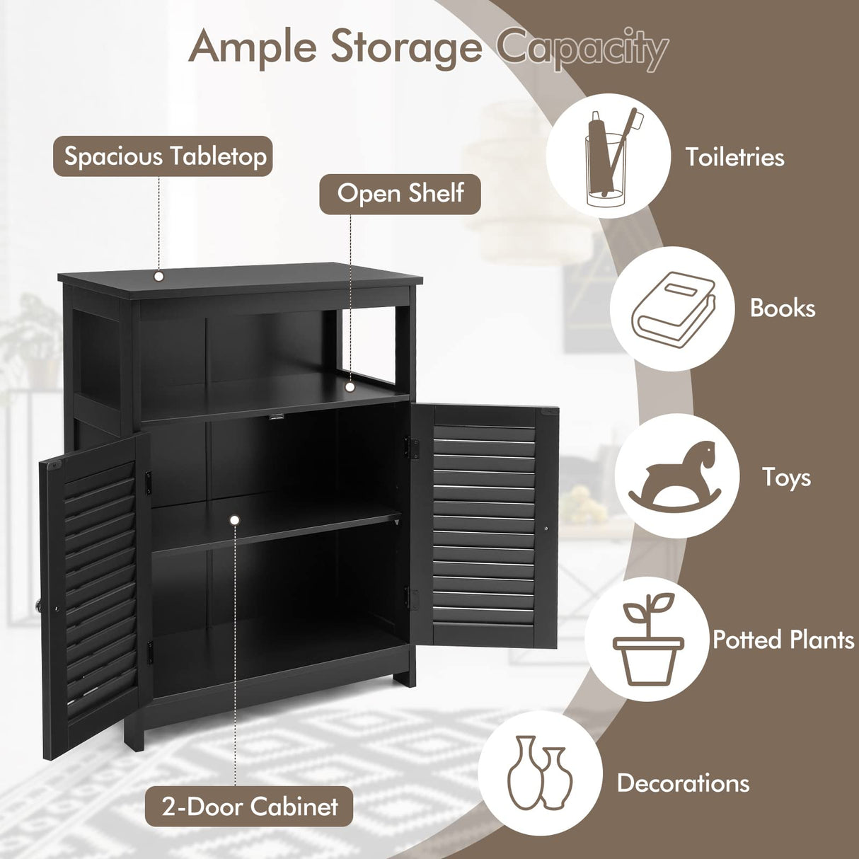 COSTWAY Bathroom Storage Cabinet, Wooden Side Storage Organizer with Louver Doors & Removable Shelf, Freestanding Floor Cabinet for Living Room, Kitchen, Entryway (Black) COSTWAY