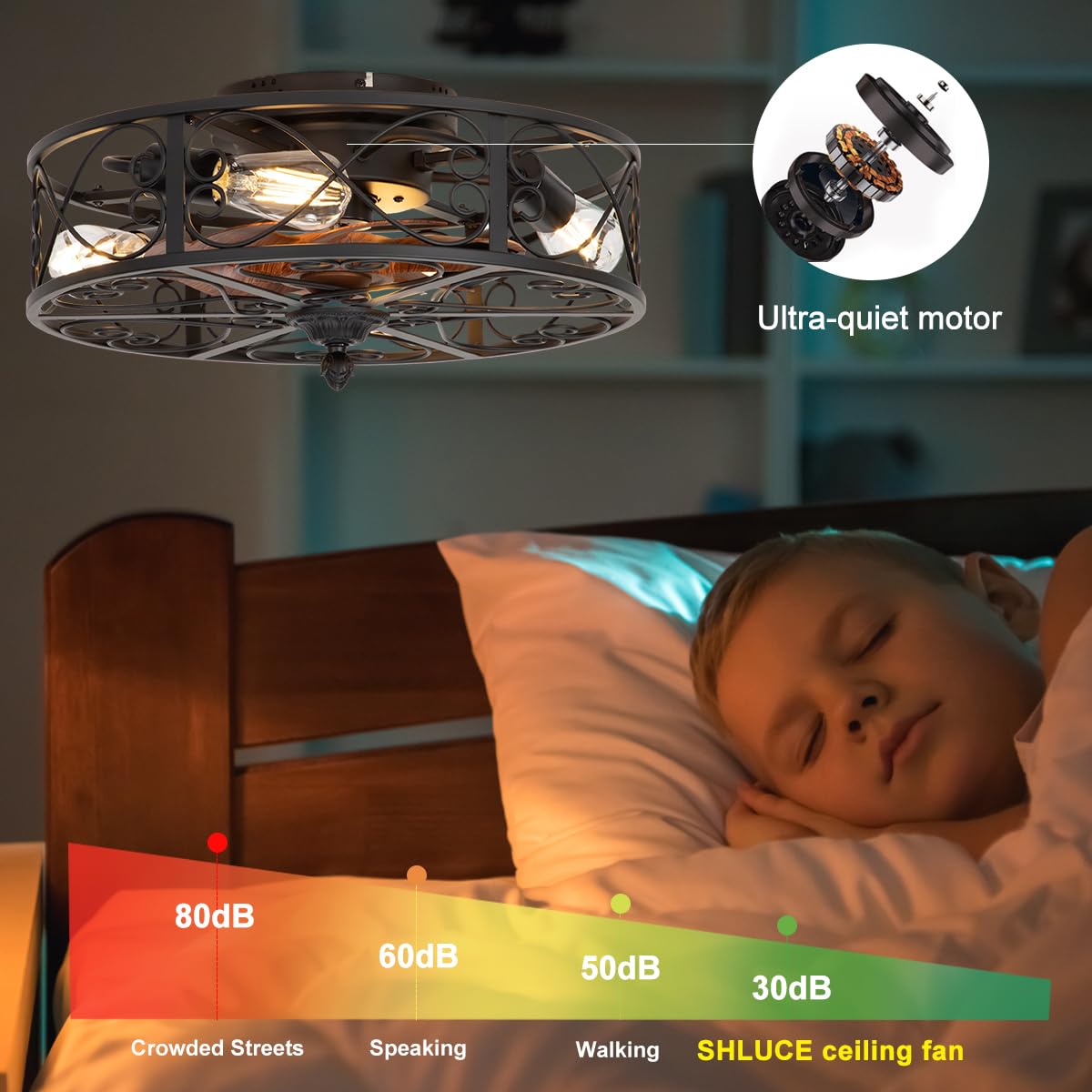 SHLUCE Caged Flush Mount Ceiling Fan with Lights, Farmhouse Rustic Bladeless Ceiling Fans with Lights and Remote, Low Profile Small Enclosed Ceiling Fan with Light for Bedroom, Kitchen, Black SHLUCE