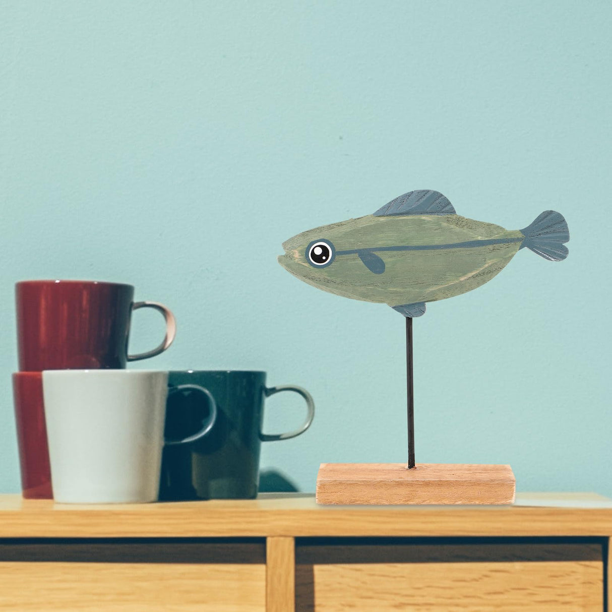 LIFKOME Nautical Fish Decor Wooden Fish Sculpture Wood Fish Statue on Base Stand Desktop Wood Fish Decor for Bathroom Bedroom Lake Beach House Decoration Blue Wood Fish Figurine LIFKOME