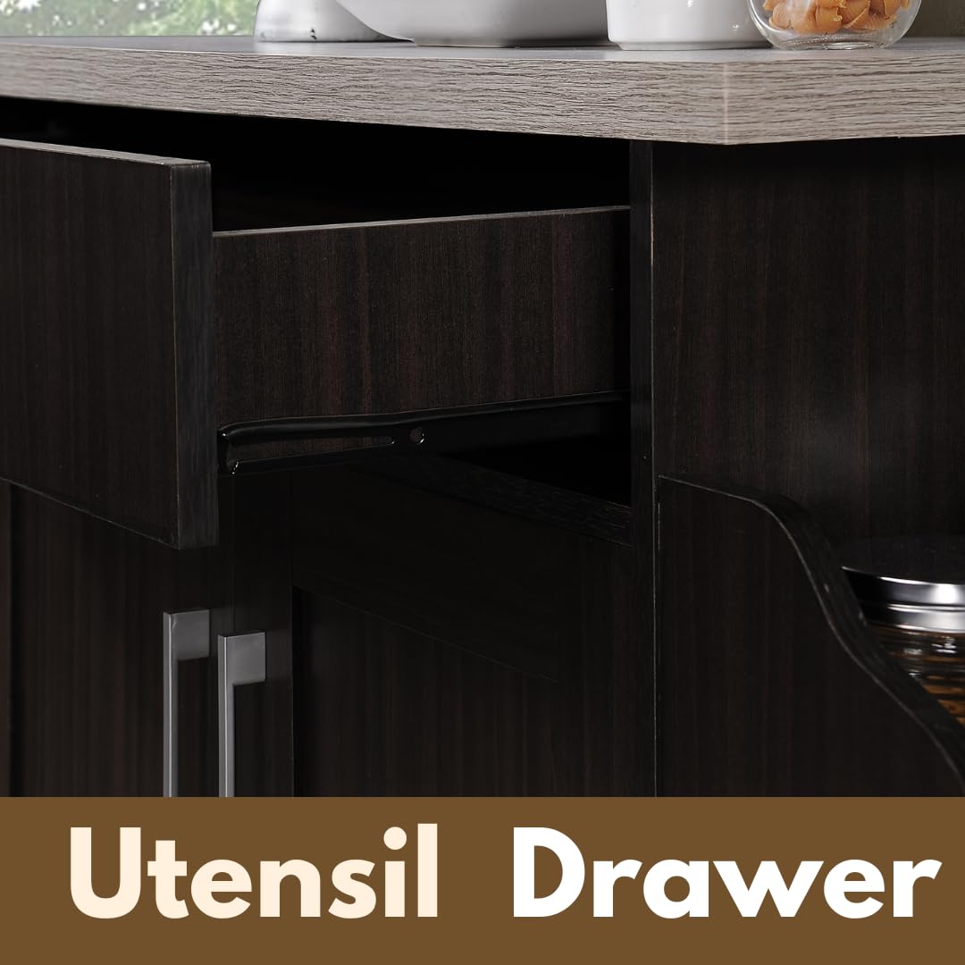 Hodedah Rolling Wood Kitchen Island Cart with Spice Rack, Towel Rack, Utensil Drawer plus Cabinet, White with Beech Top Hodedah