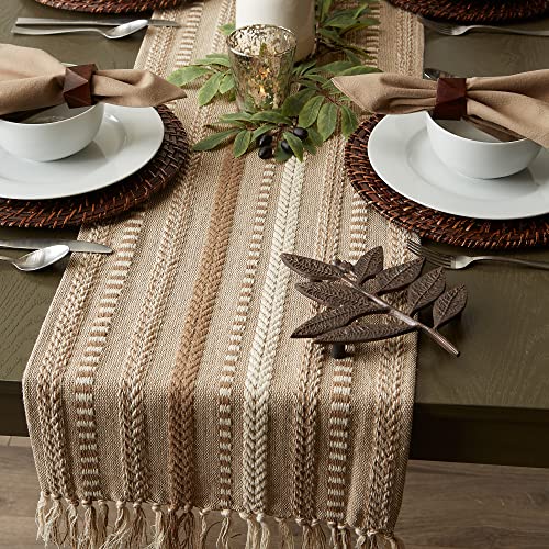 DII Farmhouse Braided Stripe Table Runner Collection, 15x72 (15x77, Fringe Included), Stone DII
