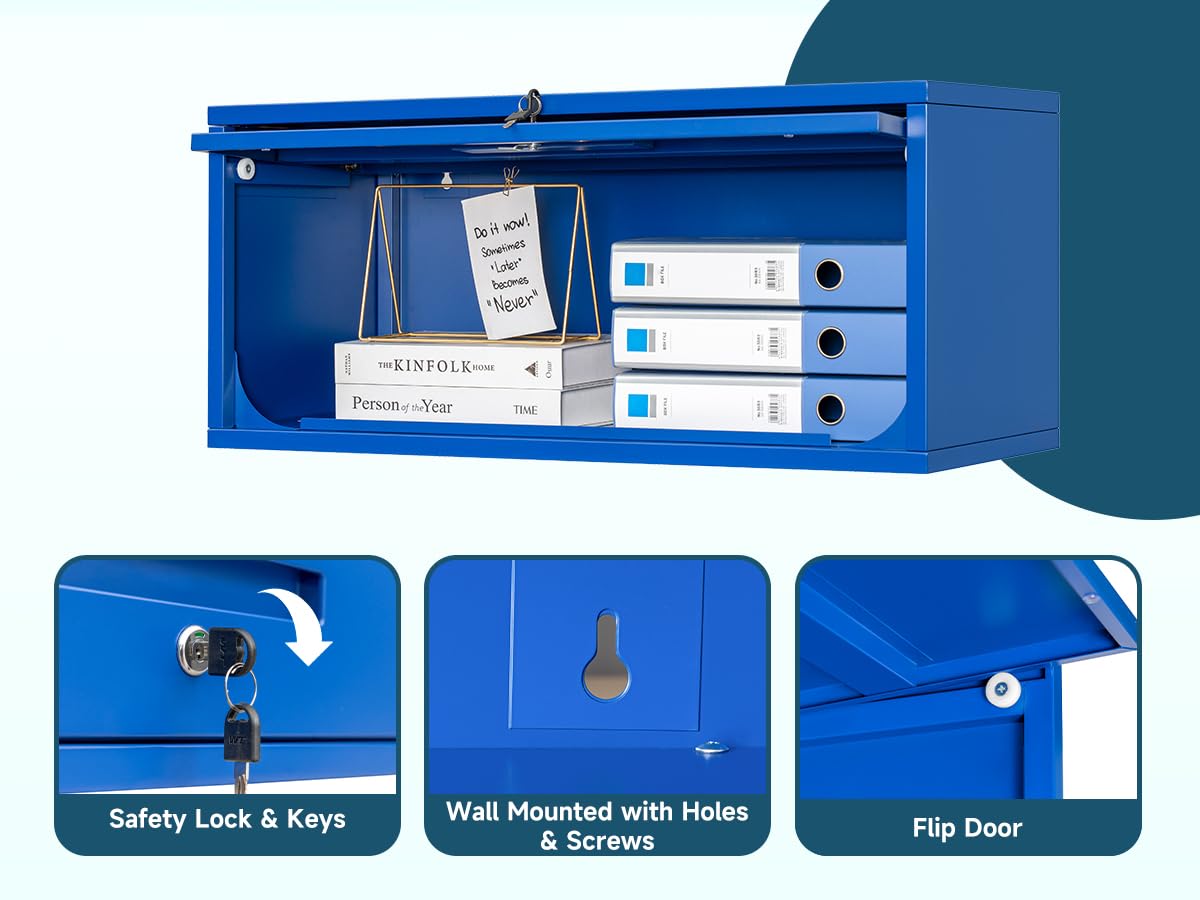 MIIIKO Wall Cabinet with 1 Door, Wall Mounted Garage Tool Cabinets, Blue Locking Small Metal Floating Cabinet for Garage, Home Office, Kitchen and Pantry MIIIKO