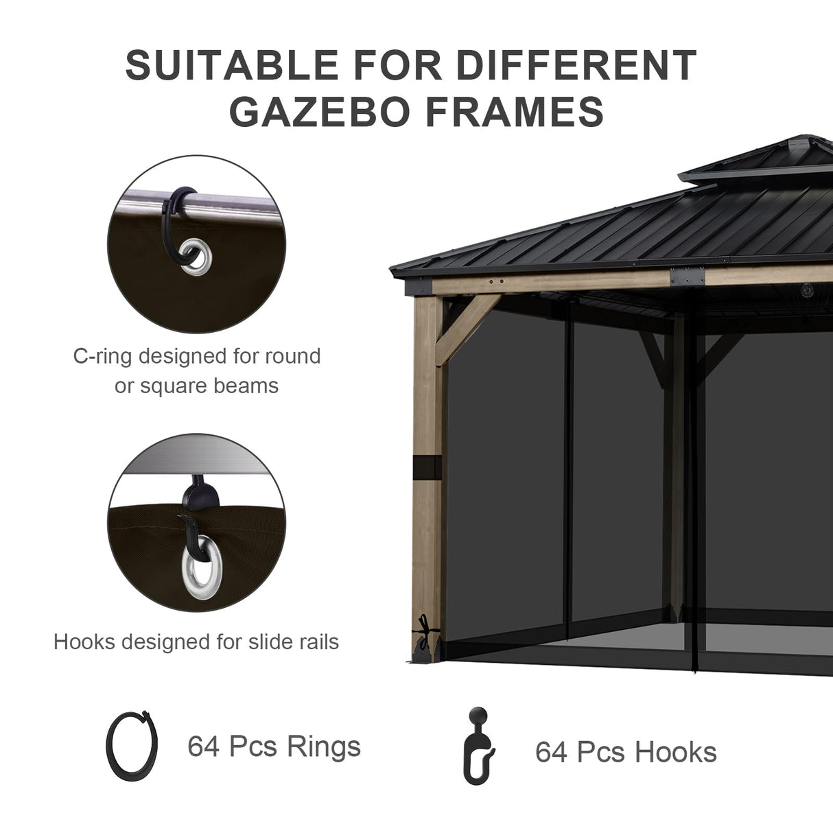 BPS 12' x 12' Gazebo Universal Mosquito Netting Screen Replacement, 4-Panel Screen Walls with Double Zippers for Outdoor Patio, Black (Mosquito Net Only) BPS