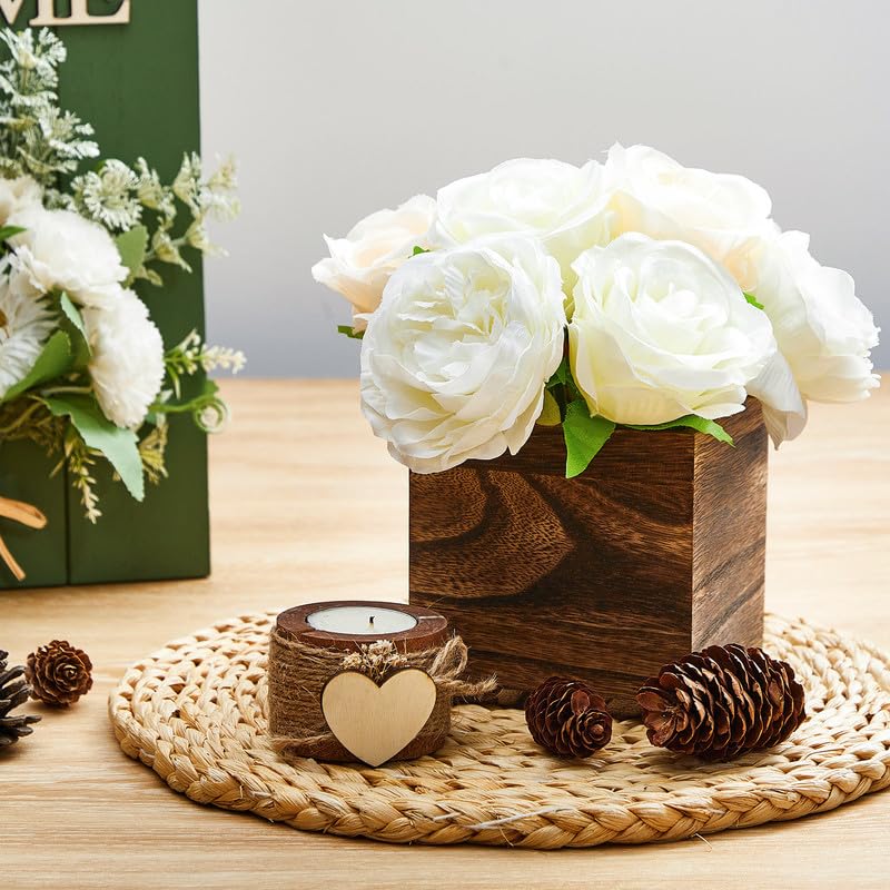 Dandat 12 Set Wood Cube Planter Box Square Wood Vase Rustic Cube Planter Box with Removable Plastic Liner Floral Foam Blocks for Centerpieces Home Wedding Garden Decor, Country Style (Brown) Dandat