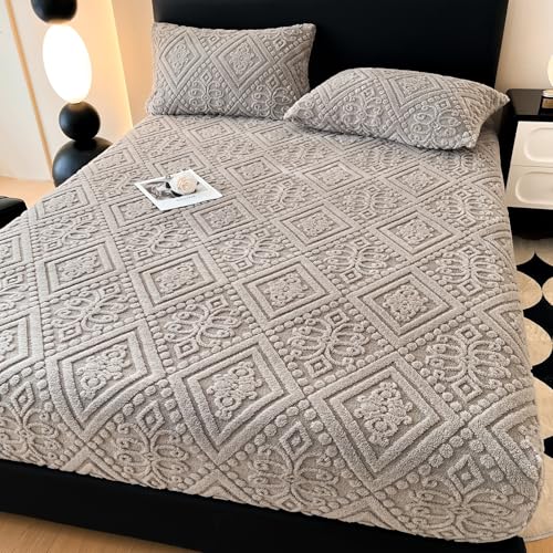 ZIQINPSQ Taffeta Velvet Jacquard Full Fitted Sheet - Luxury Bedding - Ultra-Soft, Quick-Heat, Anti-Static, 360° Mattress Protector, Gray, No Pillowcases ZIQINPSQ