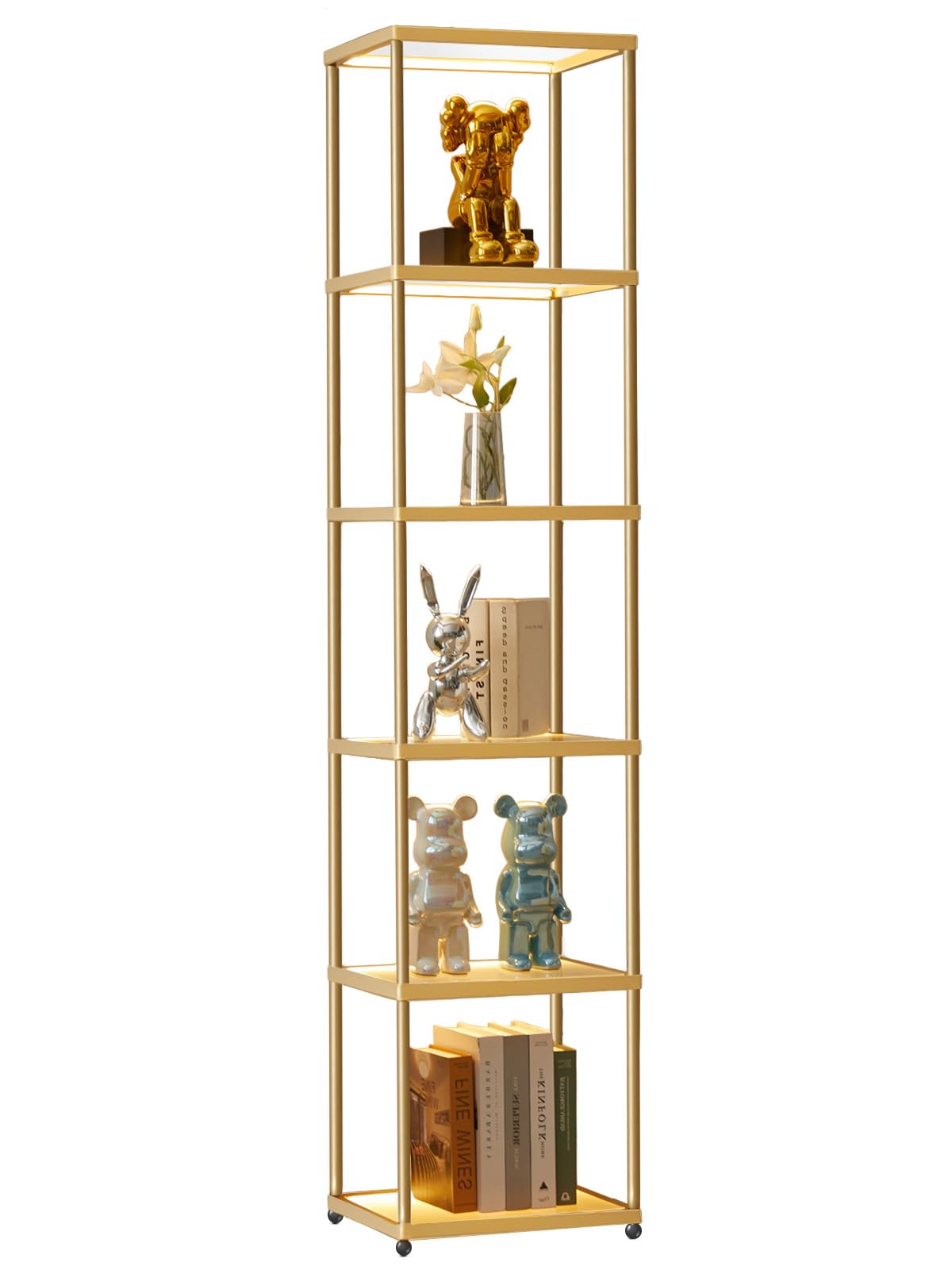 MANBUR Display Shelf with Dimmable LED Floor Lamp, Display Cabinet with Glass Bookcase, Home Decor, Bedroom Decor, Bookshelf with Light, Open Book Shelf with 6-Tier Shelf for Living Room Decor Gold MANBUR