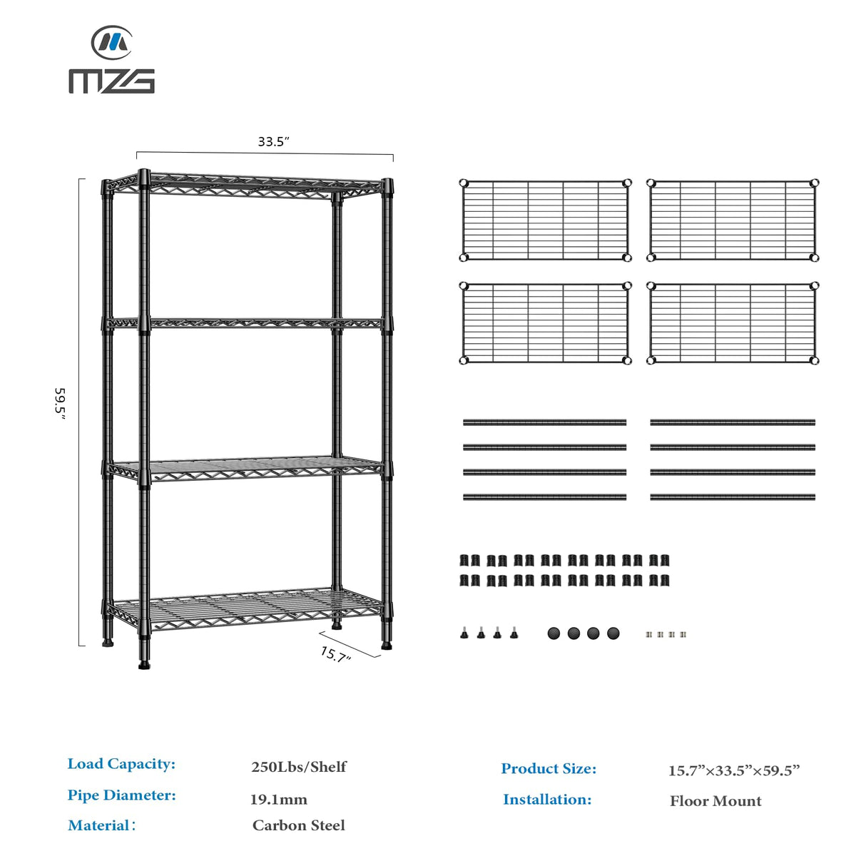 M MZG 1000 lbs 4 Tier Shelf Metal Storage Shelves Shelving Wire Rack Heavy Duty Closet Organizers for Garage Kitchen Bathroom Laundry Black 15.7" D x 33.5" W x 59.5" H M MZG