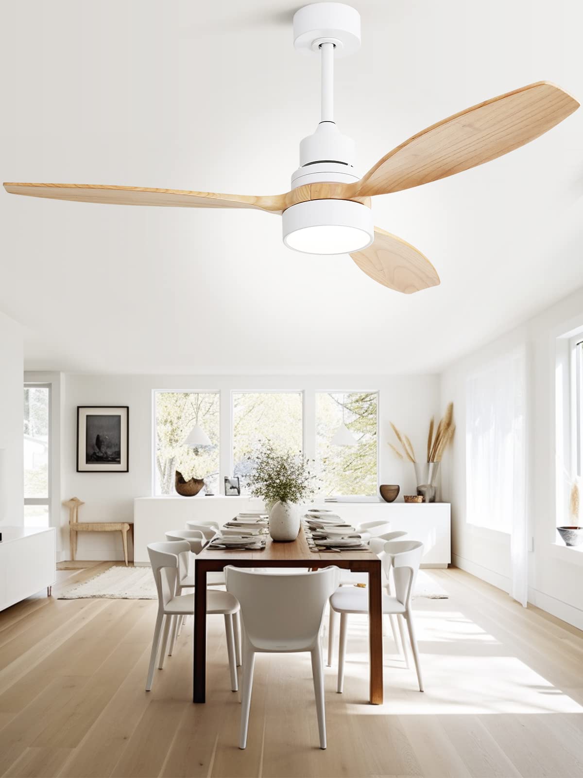 Sofucor 52 Inch Ceiling Fan with Lights and Remote Control, Indoor Outdoor Mordern Wood Ceiling Fan with Reversible Quiet DC Motor, 6 Speed, 3 White Downrods, for Farmhouse Bedroom Patio Balcony Sofucor