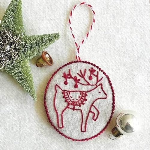 Christmas Embroidery Ornament Kit, 12PCS DIY Hand Embroidery Set for Beginners & Adults, Complete Holiday Craft Kit with Threads, Needles & Instructions, Festive Tree & Gifts Decor (Red)