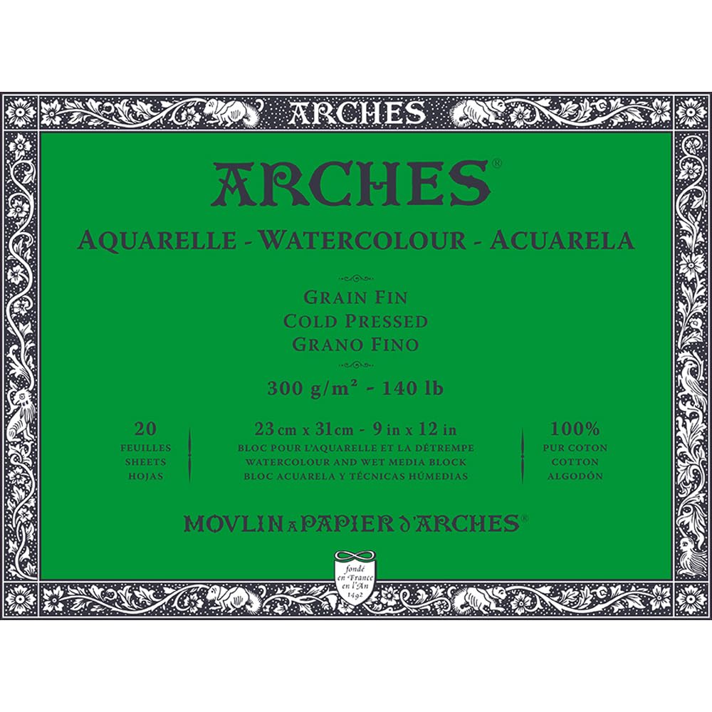 Arches Aquarelle Watercolor Block, Cold Pressed, 140lb/300gsm, 20 Sheet, 9x12 inch, Watercolor Paper 100% Cotton Arches