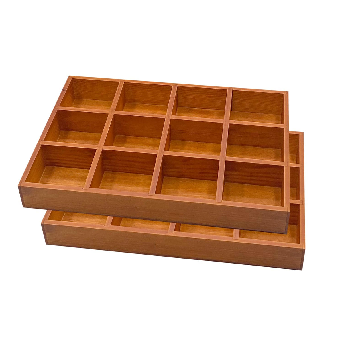 2 Pack Wooden Sorting Tray Grid Display Wood Divided Organizer Brown Finished Section Box (12 Compartments,12.9 x 9.1 x 1.55 Inch Each Tray) Cregugua
