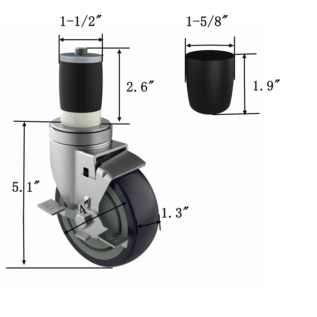 OK5STAR 4 inch Prep Table Casters Set of 4 for Commercial Kitchen Prep Tables, Expanding Stem Caster Wheels for Table Legs All with Brake Fit 1-1/2" and 1-5/8" Inner Diameter Leg Tube Adapter Caster OK5STAR