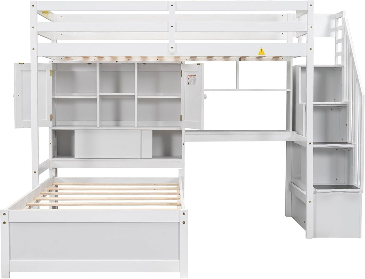 Virubi Twin Over Twin L-Shaped Bunk Bed with Desk and Storage Staircase, Wood L-Shaped Loft Bed with Desk and Storage Bookcase Shelves for Kids Boys Girls (White) Virubi