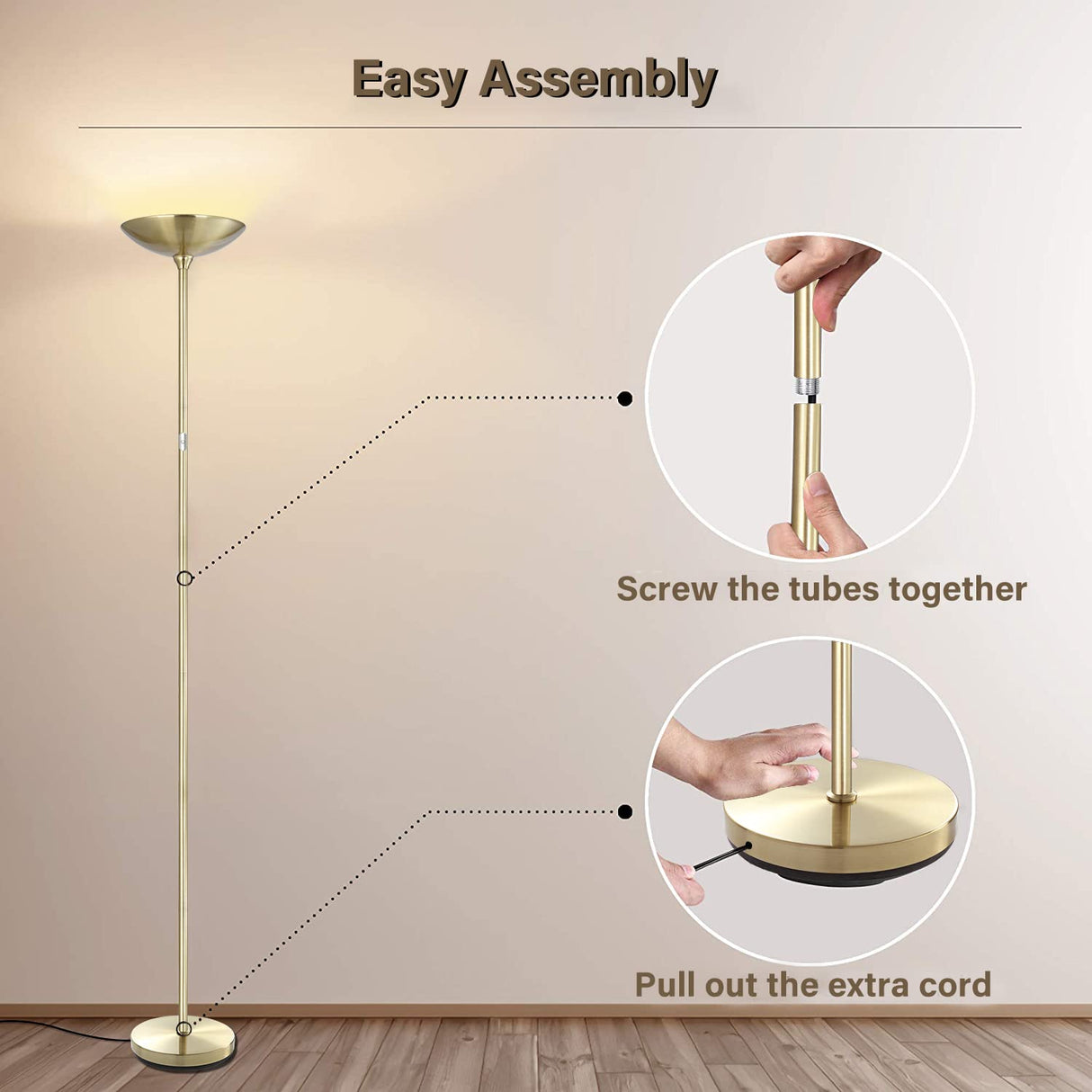 BoostArea Floor Lamp,Torchiere Standing Lamp,20W 2000LM LED Tall Floor Lamp,Stepless Dimmable,Touch Control,50000hrs Lifespan,Pale Floor Lamps for Living Room,Standing Lamps for Bedroom,Gold BoostArea