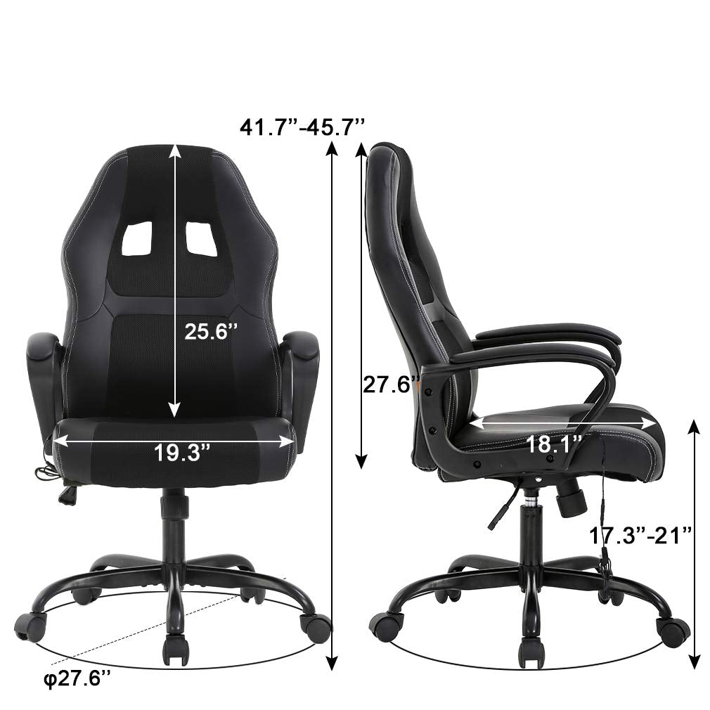 BestOffice PC Gaming Chair Massage Office Chair Ergonomic Desk Chair Adjustable PU Leather Racing Chair with Lumbar Support Headrest Armrest Task Rolling Swivel Computer Chair for Women Adults(Black) BestOffice
