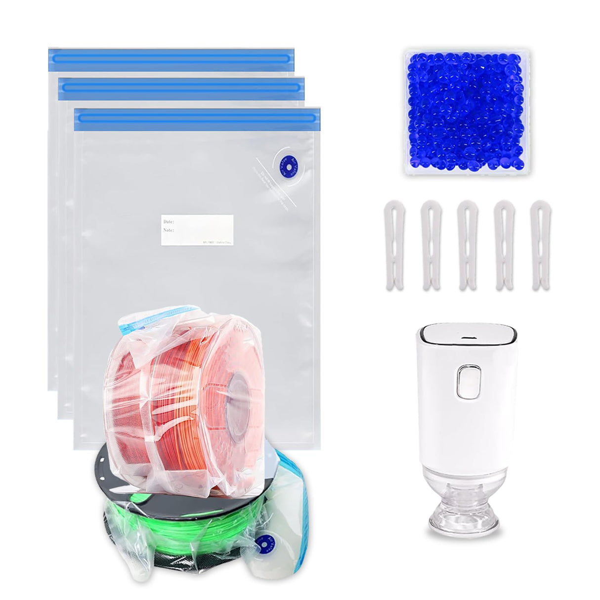 AiScrofa Filament Storage Bag Vacuum Kit with Two Sizes - 39 PCS Cleaning Drying Sealed 25 Bags for 3D Printer Filament with Desiccants/Humidity Indicator (Automatic Pumps Vacuum Bags Kit 25 Pack) AiScrofa