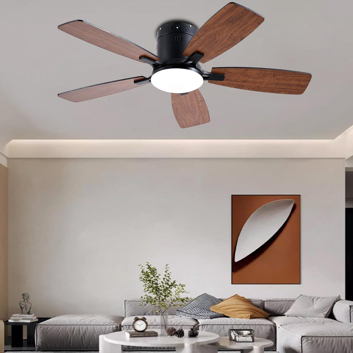 Ayaoty Ceiling Fans with Lights, 42 inch Low Profile Ceiling Fan with Light and Remote Control, Flush Mount, LED Dimmable DC Reversible Modern Ceiling Fan for Bedroom Ayaoty