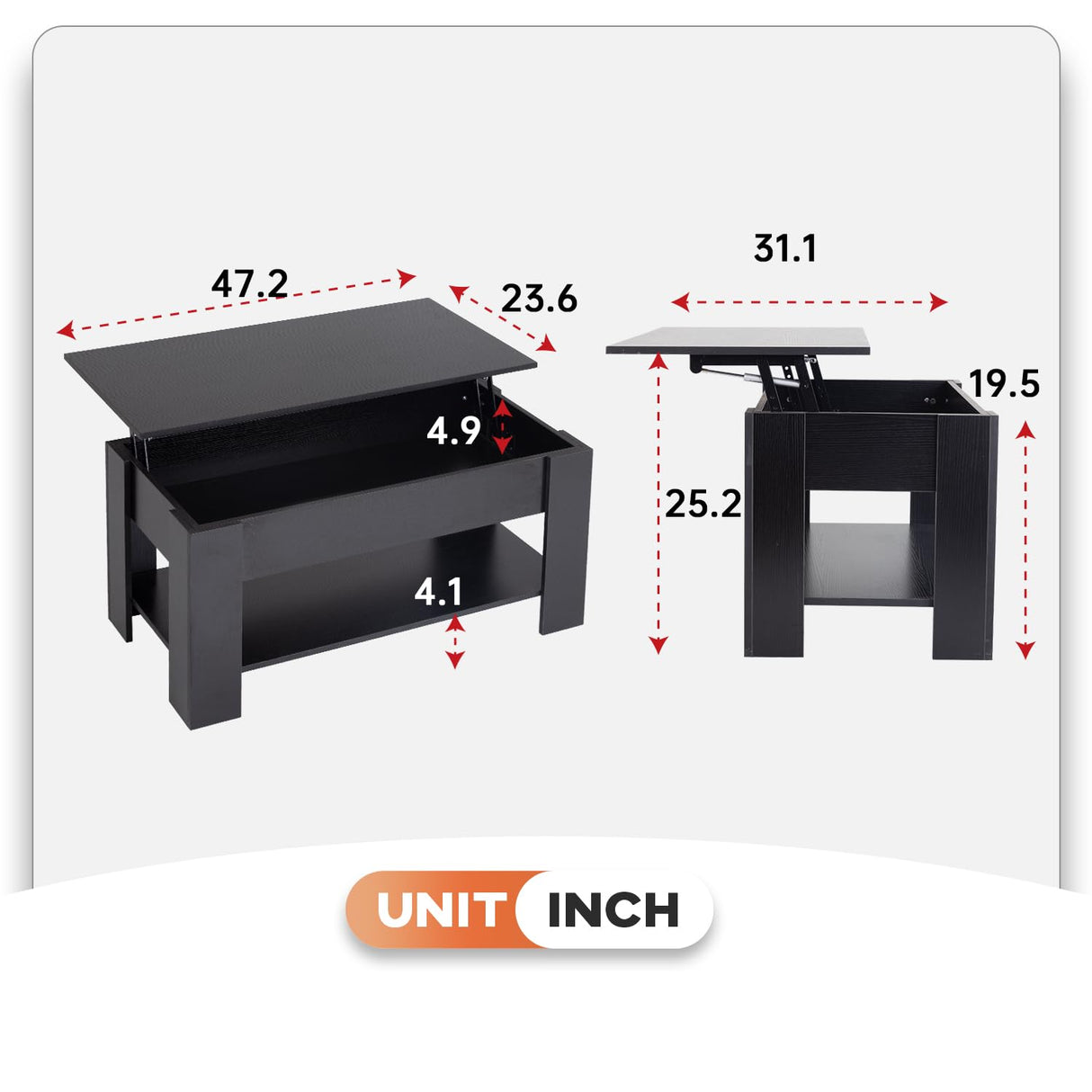 FDW Coffee Table Lift Top Coffee Table Coffee Table with Hidden Compartment and Storage Shelf for Living Room Reception Room 47.2in L,Black FDW