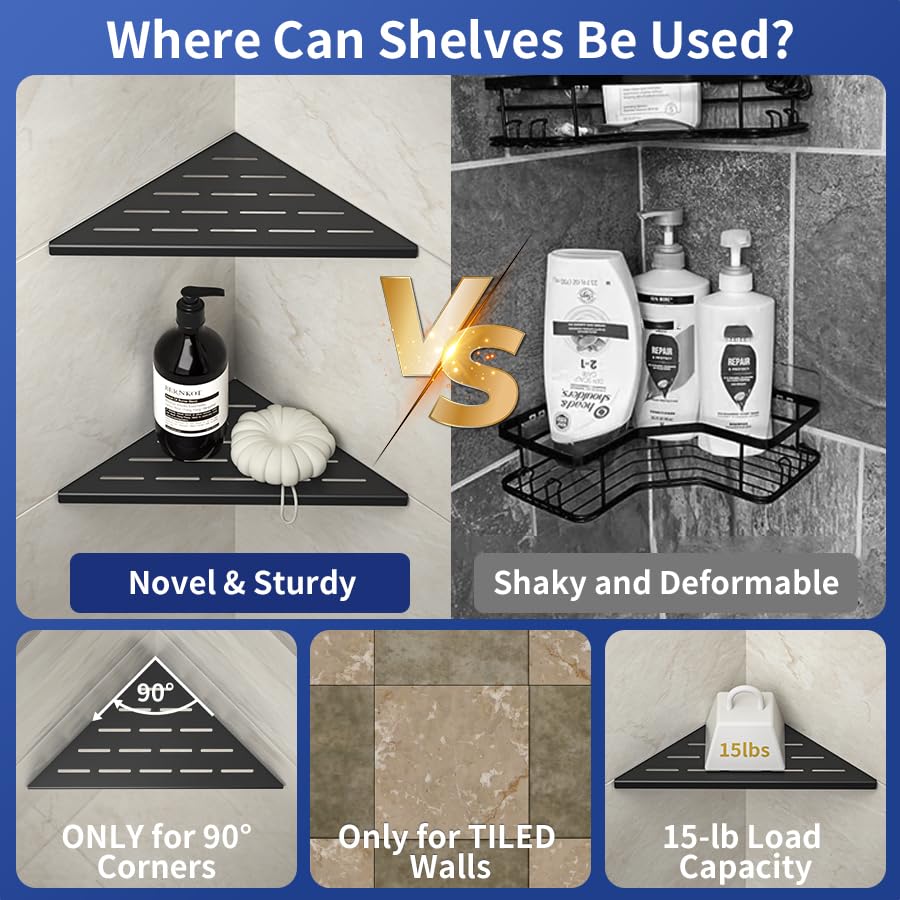 Bernkot Corner Shower Shelf 10" Matte Black 304 Stainless Steel Slot Design Recessed Corner Shelves, Grout in Bathroom Shower Shelf for Tiled Wall, 2 Pack Bernkot