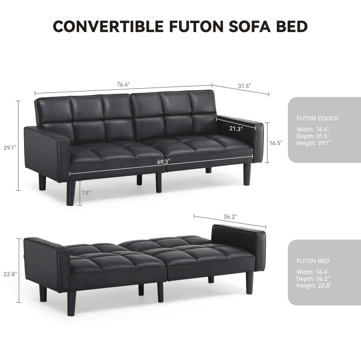 COMHOMA 76 inch Futon Sofa Bed,Mid Century Modern Futon Couch with Adjustable Backrest,Fabric Convertible Sofa Cama,Folding Sleeper Sofa for Living Room,Bedroom (Black) COMHOMA