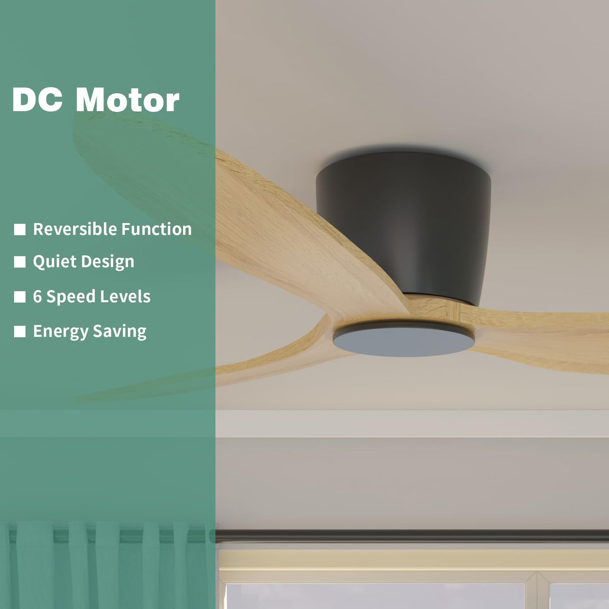 Flush Mount Ceiling Fan no light with Remote, 52 inch Low Profile Wood Ceiling Fan no light, Modern Ceiling Fan without light for Outdoor, Bedroom, Natural Wood and matte Black, DC Motor, 6 Speed OUATER