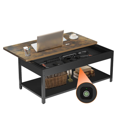 Hidden Gun Storage Safe for Rifles and Pistols, Biometric Fingerprint Gun Safe for Jewelry Money and Ammo, Use as Coffee Table (Honey Brown)