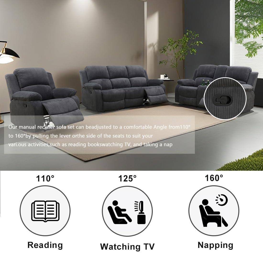 Dekmxas Fabric Recliner Sofa Set Grey Loveseat Couch Chair Set Living Room Furniture Sets 3PCS Manual Reclining Sofa Set with Cup Holders and Storage Console for Living Room/Office (Grey, 3 PCS Set) Dekmxas