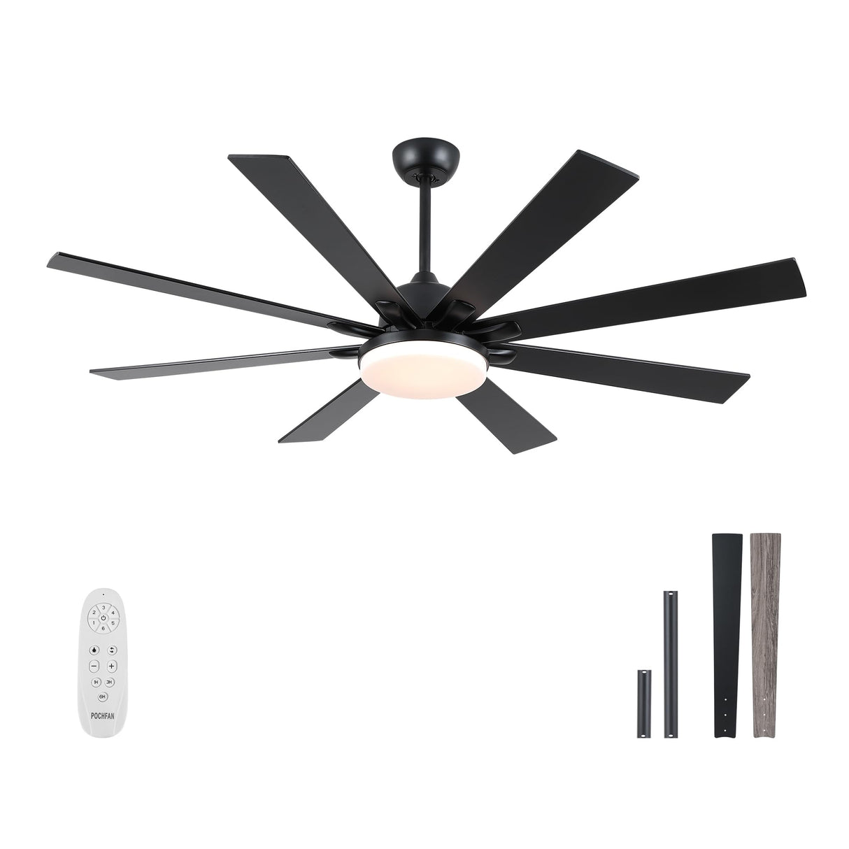 POCHFAN 62 inch Ceiling Fans with Lights and Remote Control, Large Black Ceiling fan with 8 Wooden Blades for Living Room Bedroom Patio, Quiet DC Motor, 3-CCT Dimmable,6 Speed POCHFAN