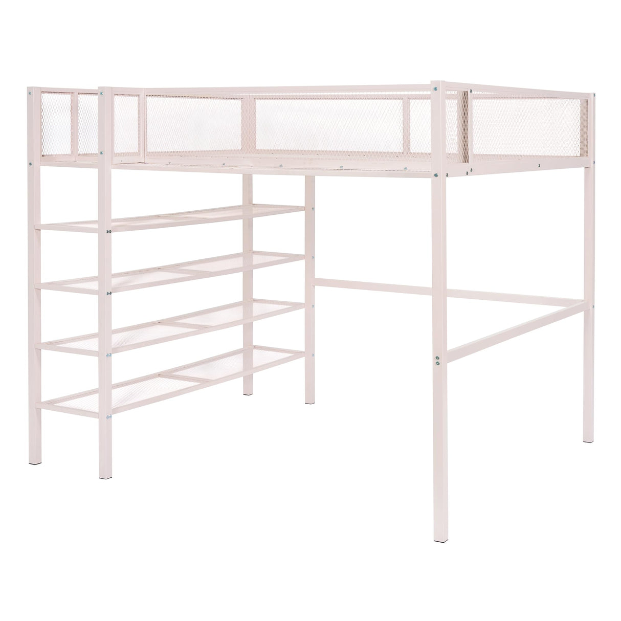 Bellemave Full Size Loft Bed with 4-Tier Shelves and Storage, Metal Loft Bed with Bookshelf, Full Size Loft Bed with Storage Stairs (Pink) Bellemave