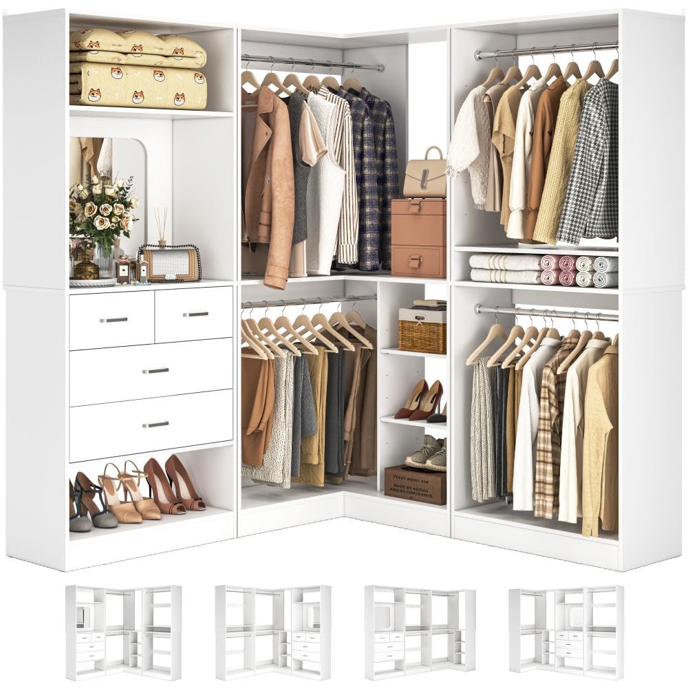 Unikito 86” Closet System, Large Corner Closets Organizer with Hanging Rods and Mirror Design, Freestanding Adjustable Wood Clothes Garment Rack with Drawers, Sturdy Walk in Closet Tower, White Unikito