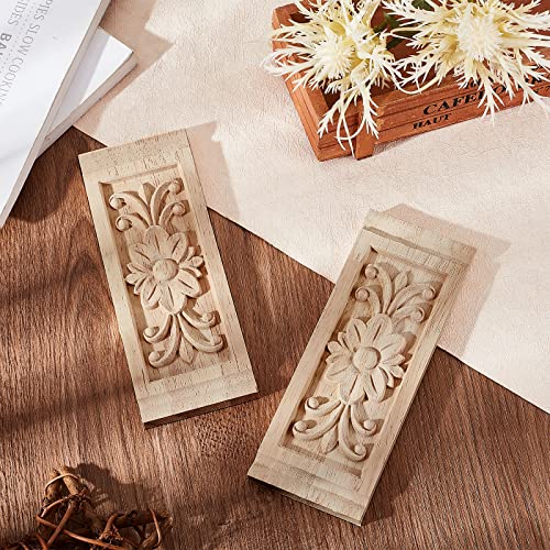 SUPERFINDINGS 2PCS Rectangle with Flower Wood Carving Decal 6.3x2.4inch Unpainted Home Furniture Applique Decor Natural Solid Wood Carved Onlay for SUPERFINDINGS