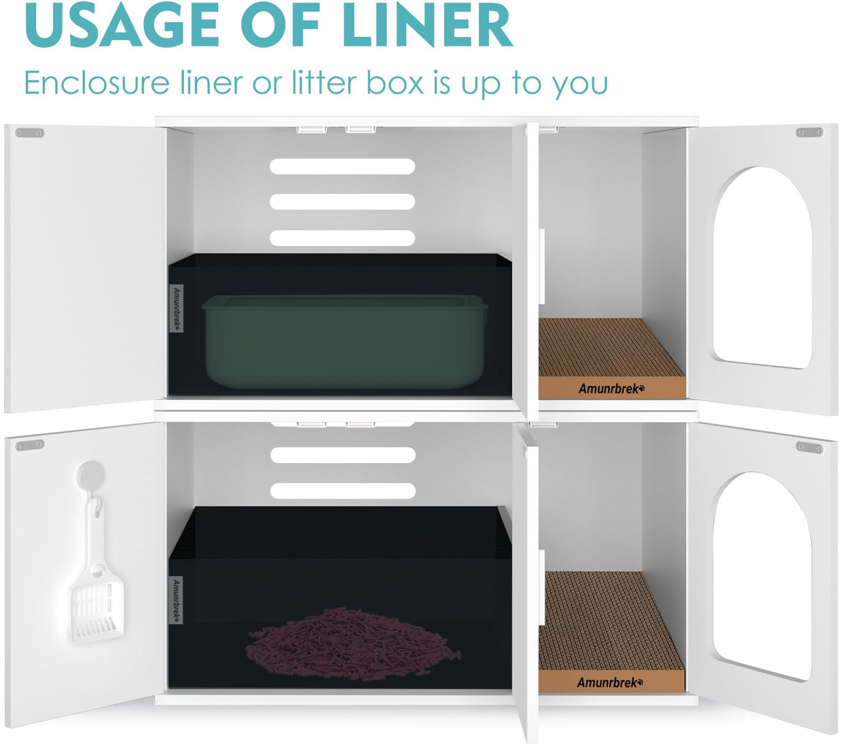 Amunrbrek Litter Box Enclosure, Cat Litter Box Enclosure Furniture, Wooden Litter Box Furniture with 2 Enclosure Liner (White) amunrbrek