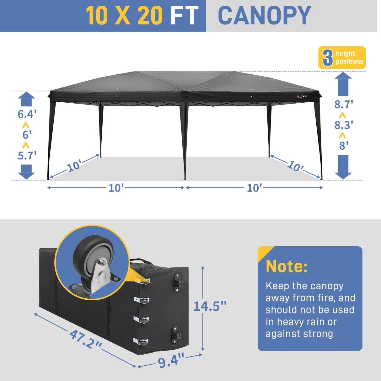 VINGLI 10x20 ft Pop Up Canopy Tent with 6 Sidewalls, Canopy 10x20 with Carry Bag, Outdoor Gazebo Canopy Tent Camping Tent, Patio Event Tent Outdoor Canopy Commercial Canopy(Black) VINGLI