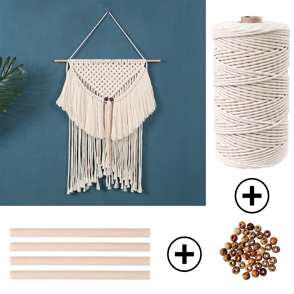 ZXCDINO 87pcs Macrame Kits for Beginners 3mm x 220yards Natural Cotton Macrame Cord Wall Hanging Kit, Macrame Supplies Best for Macrame Plant Hanger with Wooden Beads,Wooden Rings ZXCDINO