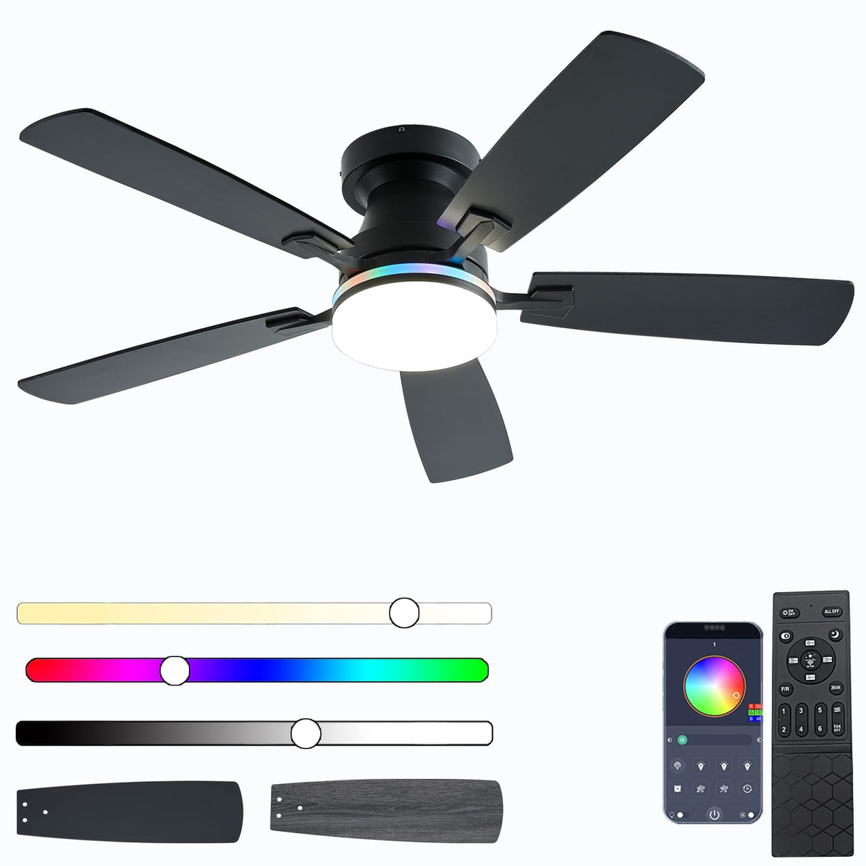 Ayaoty Ceiling Fans with Lights, 48 inch Low Profile Ceiling Fan with Light and Remote Control, Flush Mount RGB Dimmable Light, Noiseless, Black Ceiling Fan for Bedroom Indoor/Outdoor Use Ayaoty