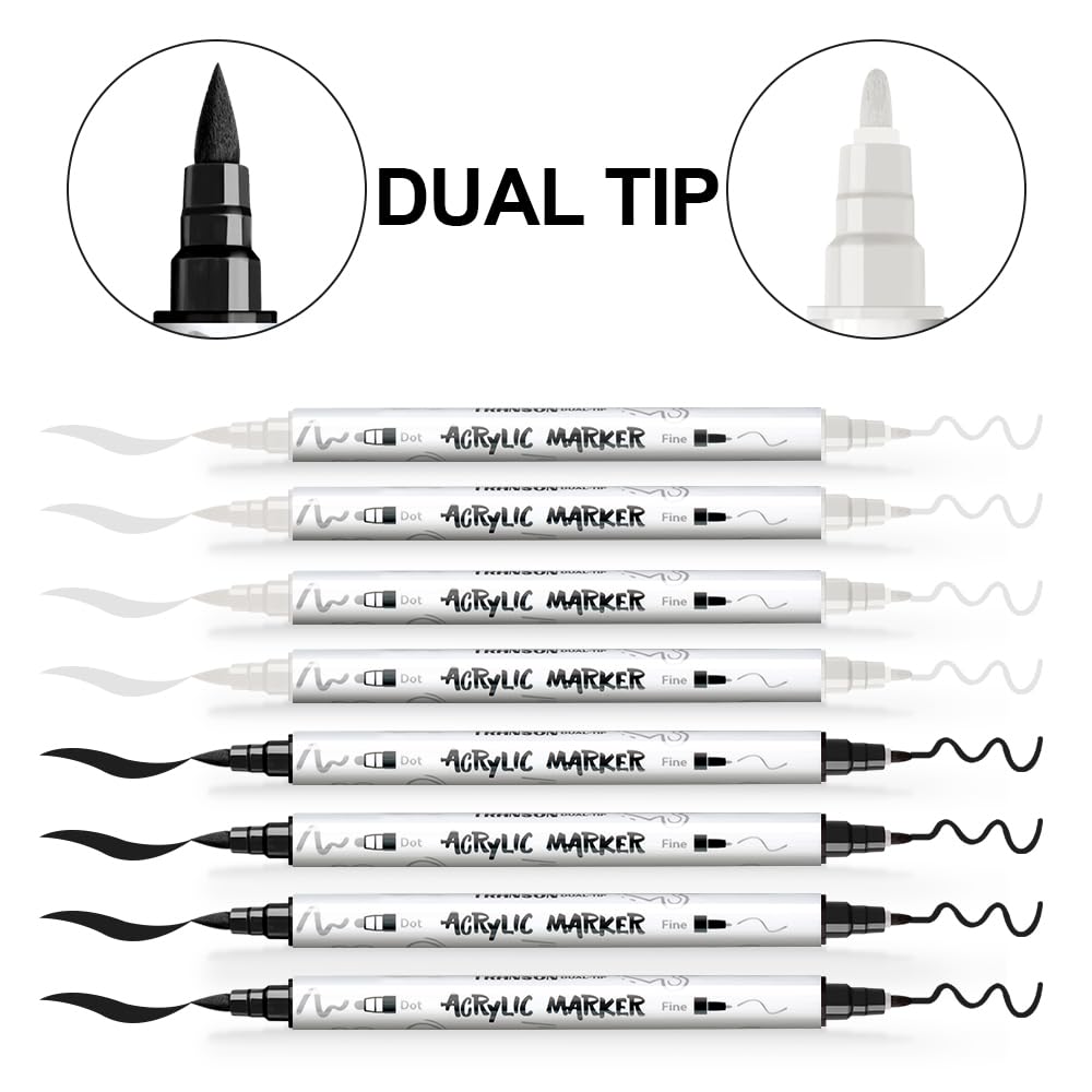 TRANSON 4 Black and 4 White Paint Pens Brush and Fine Dual-tip Acrylic Paint Marker Set for Rock Painting Glass Canvas Wood Leather Ceramic Painting TRANSON