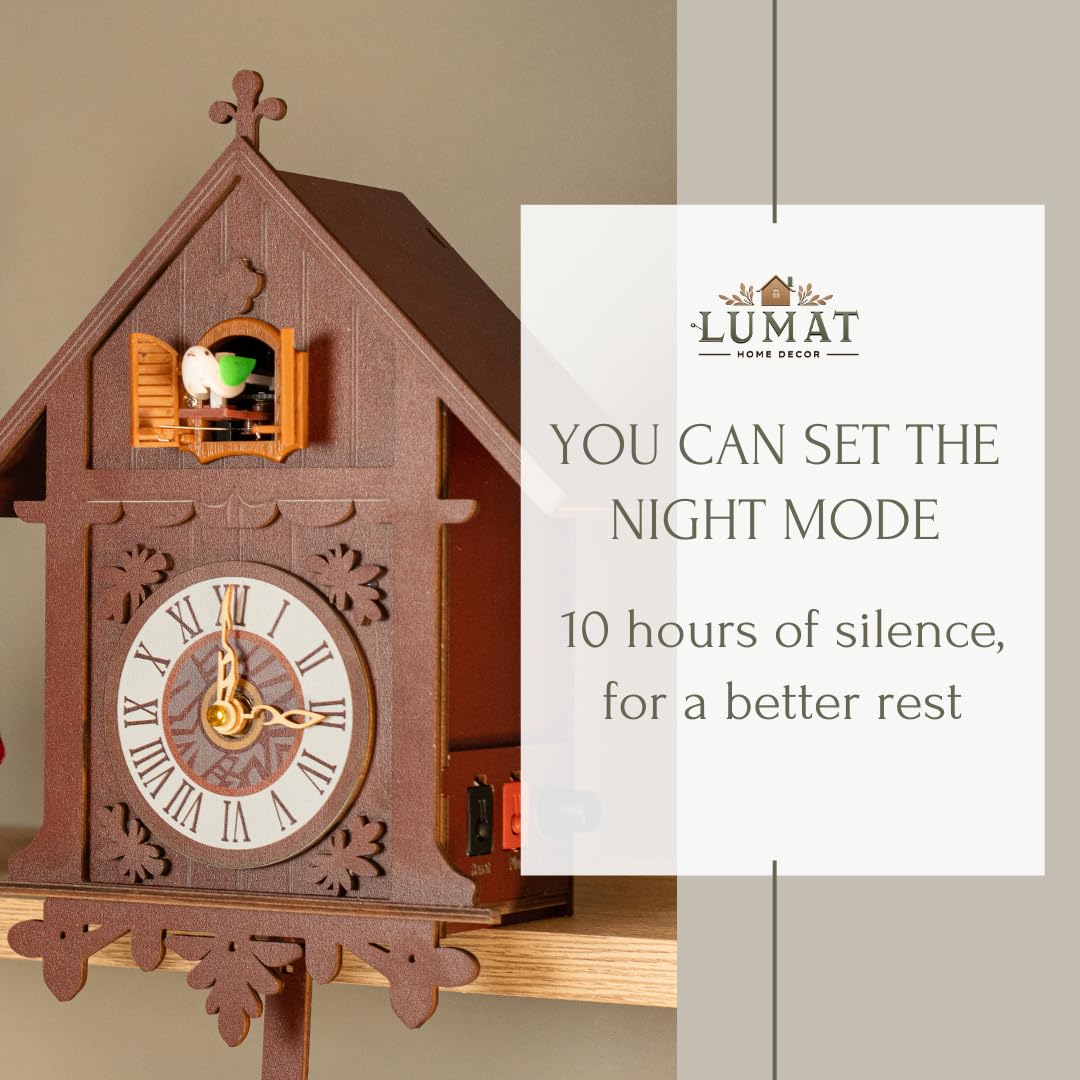 Lumat Cuckoo Clock - Modern Brown Cuckoo Clocks for Wall - Natural melodies - Volume Control - Night Mode - Perfect for Adults, Kids and Families - Battery Powered Lumat