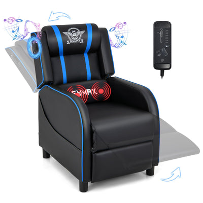 GYMAX Gaming Recliner, Massage Gaming Chair with Bluetooth Speaker, Adjustable Footrest & Lumbar Support, Single Ergonomic Gaming Sofa, Video Gaming Chair for Adults, Home Theatre (Blue)