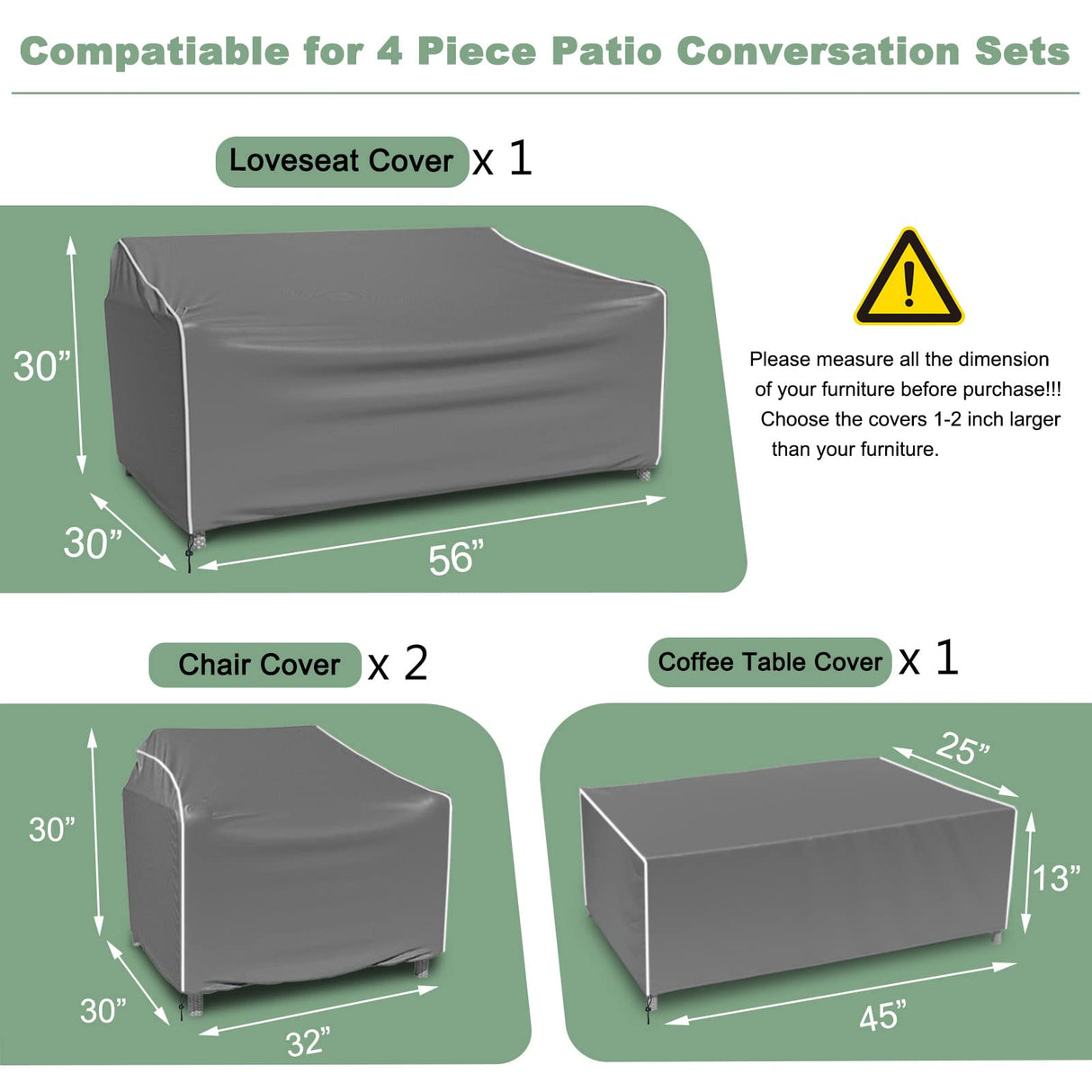 Outdoor Furniture Cover Waterproof, 4-Piece Patio Furniture Covers for 4 PCS Patio Outdoor Conversation Set, Included: Ourdoor Loveseat Cover, 2 Patio Chair Covers, Outdoor Coffee Table Cover-Grey Gasadar