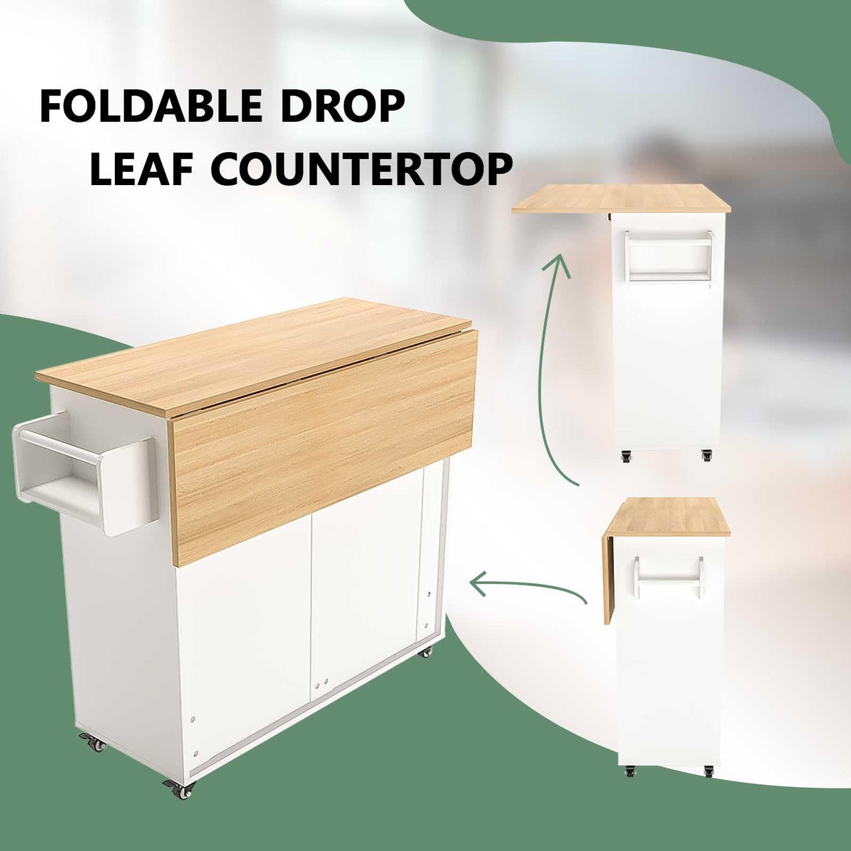 Portable Kitchen Cart with Storage, Rolling Kitchen Island on Wheels with Drop Leaf, Tower Rack, Spice Rack, Cabinet, Drawer, 46.65 x 27.56 x 36 inches, White Samesay