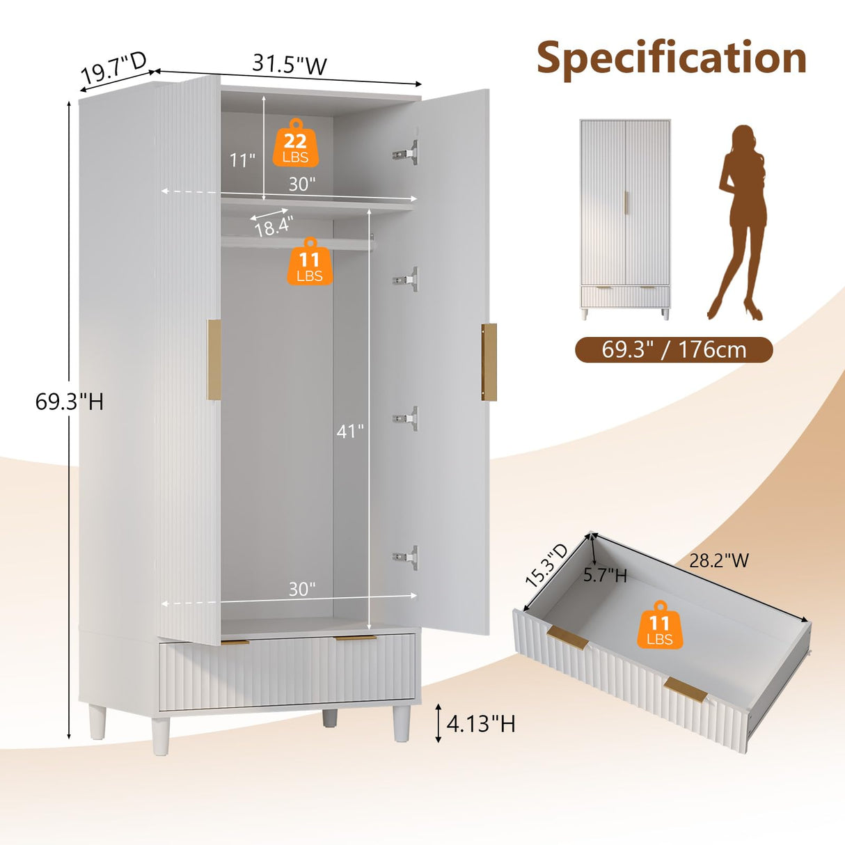 VINGLI Fluted Wardrobe Closet Armoire with Doors And Drawers, White Wardrobe Cabinet with Hanging Rack, Bedroom Closet Wood, Free Standing Armoire with Shelf and Solid Wood Legs, 31.5"W*19.7"D*69.3"H VINGLI